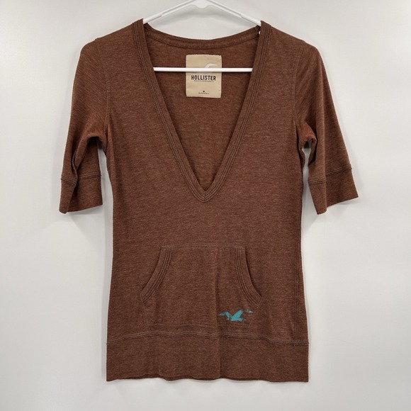 Hollister Tops - Hollister Womens Y2K Deep V Neck Top Size Medium Brown Pocket Retro 2000s Pocket